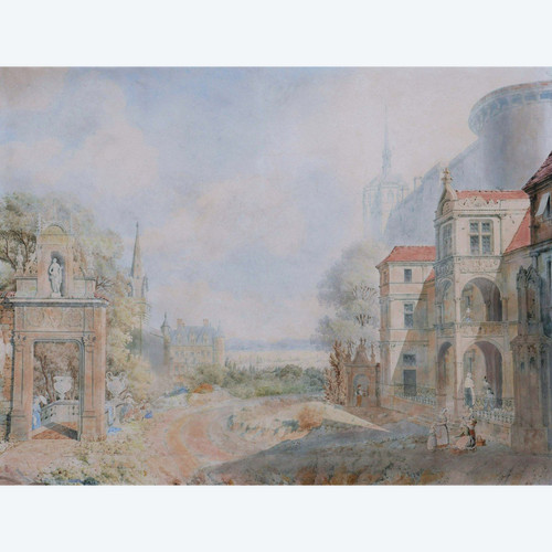 Attributed to Jean Lubin VAUZELLE, Characters in a Landscape of Imaginary Monuments
