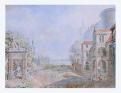 Attribué à Jean Lubin VAUZELLE, Personnages dans un paysage de monuments imaginaires