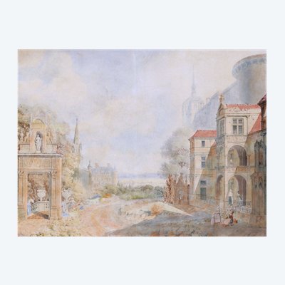 Attribuito a Jean Lubin VAUZELLE, Personaggi in un paesaggio di monumenti immaginari