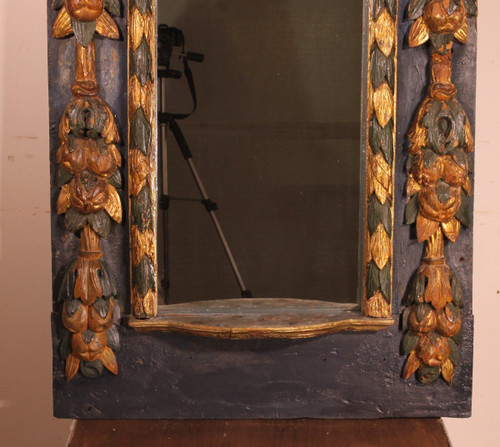 Grand Miroir Espagnole Du 17° Siècle En Bois Polychrome
