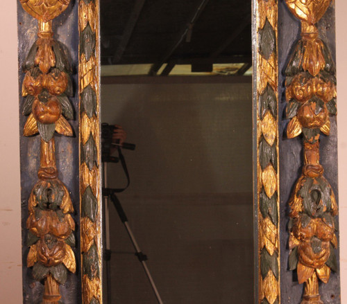 Grand Miroir Espagnole Du 17° Siècle En Bois Polychrome