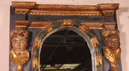 Grand Miroir Espagnole Du 17° Siècle En Bois Polychrome