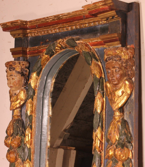 Grand Miroir Espagnole Du 17° Siècle En Bois Polychrome