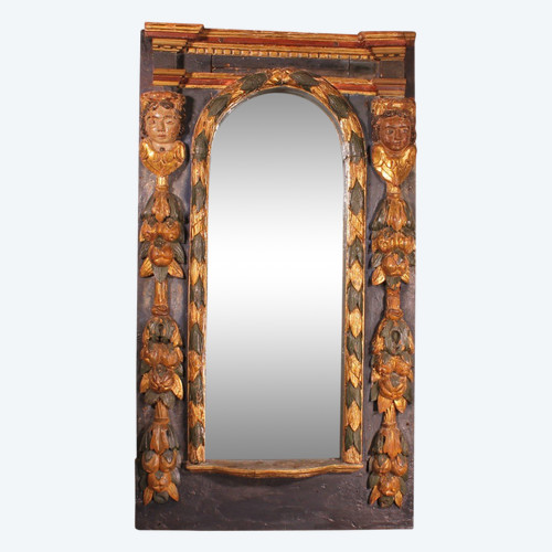 Grand Miroir Espagnole Du 17° Siècle En Bois Polychrome