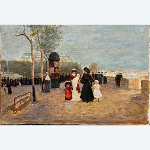 Louis Jouve (1829-1903) - Paris, Place Du Chatelet And Quays Of The Seine - Elegant And Children