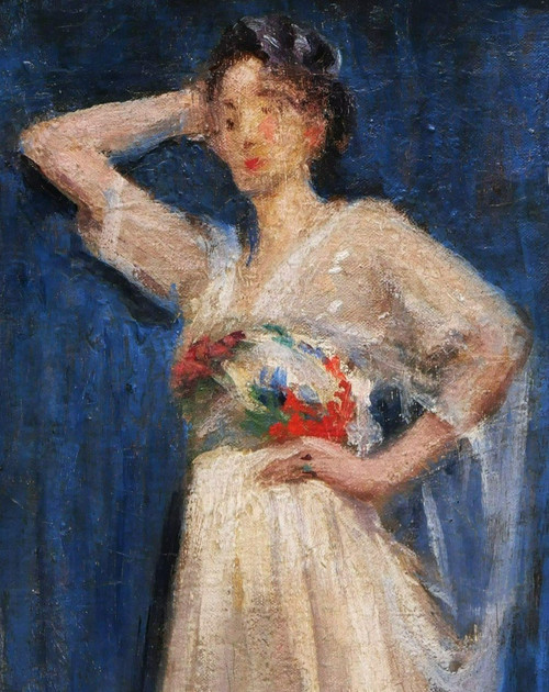École FRANÇAISE circa 1900, Femme en robe blanche