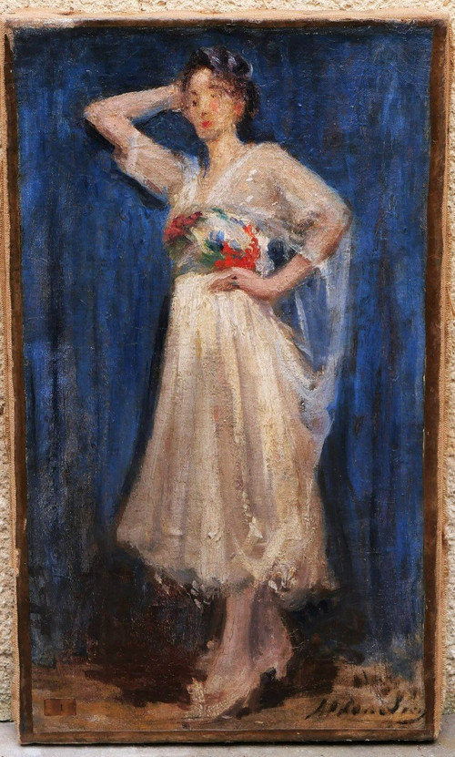 École FRANÇAISE circa 1900, Femme en robe blanche