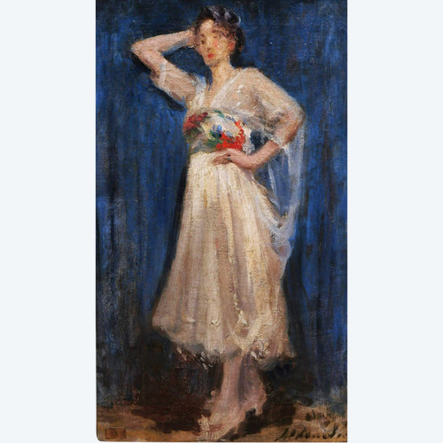 École FRANÇAISE circa 1900, Femme en robe blanche
