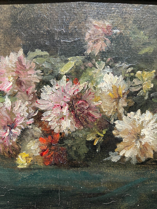 Ecole Française Vers 1880 - Jetée De Dahlias - Olio su carta Monogrammato Md ?