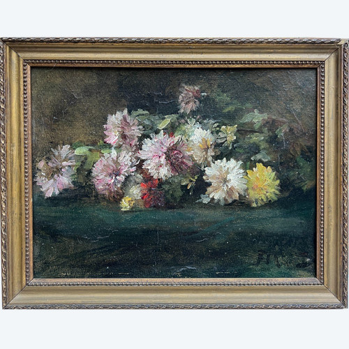 Ecole Française Vers 1880 - Jetée De Dahlias - Olio su carta Monogrammato Md ?
