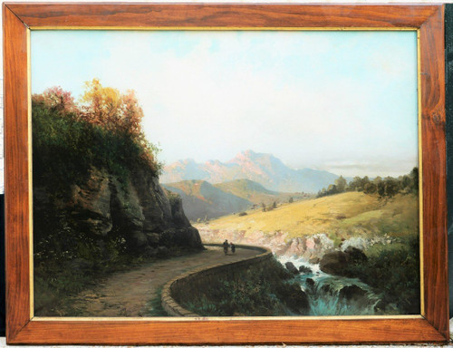 Alfred GODCHAUX, Pyrenean landscape with two figures on a path (VERY LARGE FORMAT)