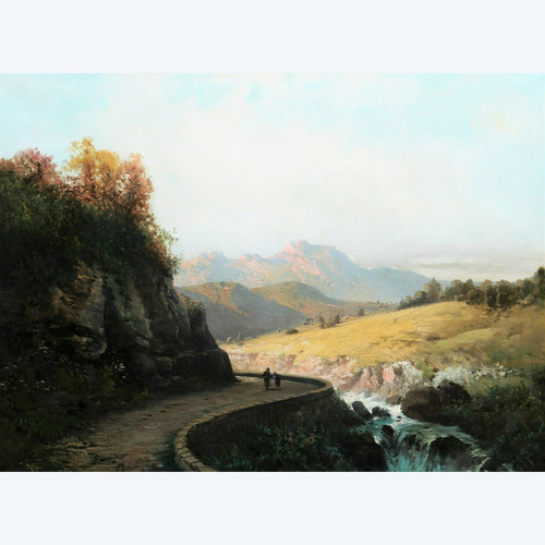 Alfred GODCHAUX, Pyrenean landscape with two figures on a path (VERY LARGE FORMAT)