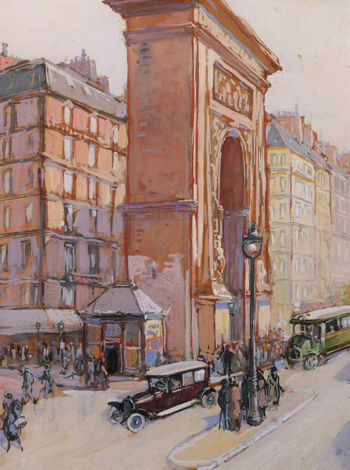Jean DUMERSAN, Veduta animata davanti alla Porte Saint-Denis a Parigi