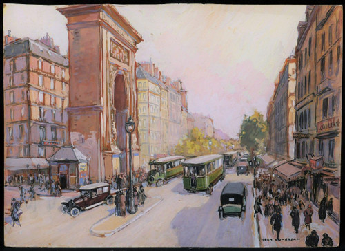 Jean DUMERSAN, Veduta animata davanti alla Porte Saint-Denis a Parigi