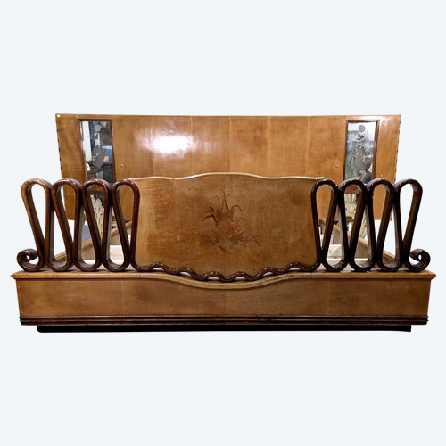 1950 Italian Bed In Maple, Marquetry And Venetian Glass, Work In The Spirit Of Paolo Buffa