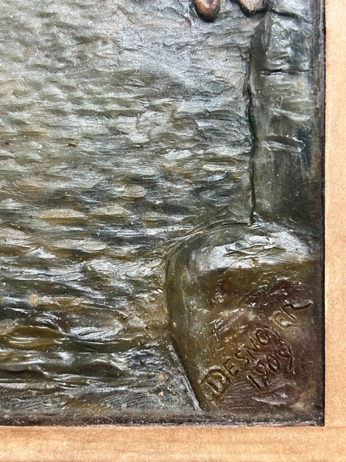 Desnoyer (xix-xx) - Pêcheurs à l'Antique - Polychrome Wax Bas Relief, 1909