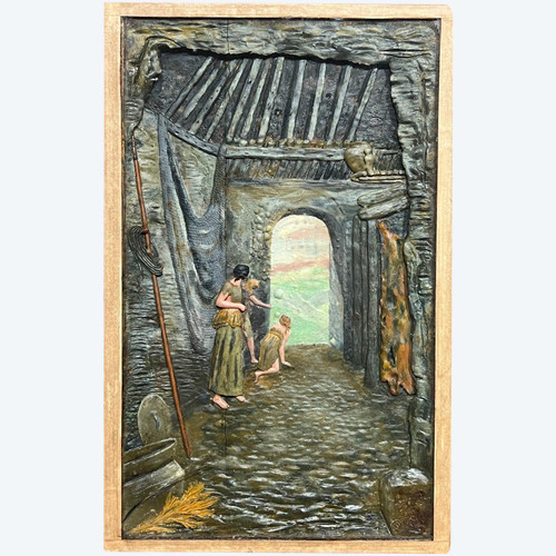 Desnoyer (xix-xx) - Pêcheurs à l'Antique - Polychrome Wax Bas Relief, 1909