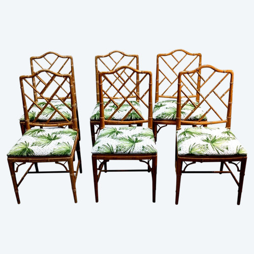 "série De 6 Chaises Décor Bambou Retapissées De Neuf