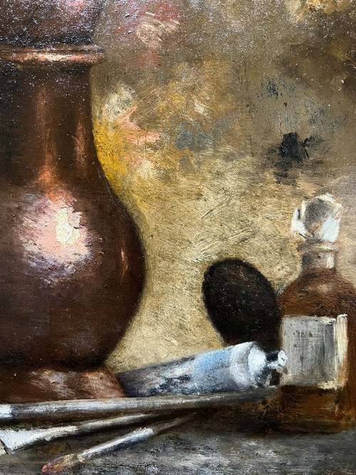 Ecole Française Impressionniste - Palette, Tubes De Couleurs Et Pinsels, Monogramm Lb, 1890