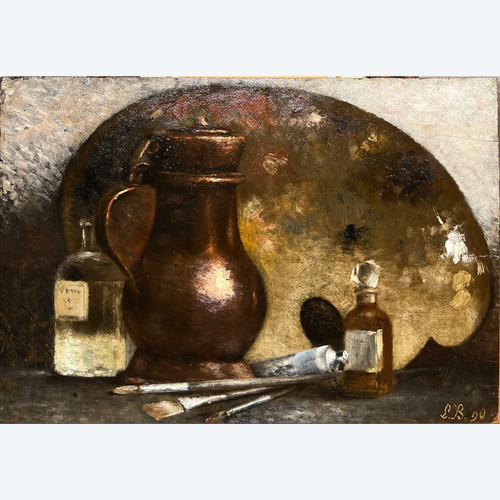 Ecole Française Impressionniste - Palette, Tubes De Couleurs Et Pinsels, Monogramm Lb, 1890