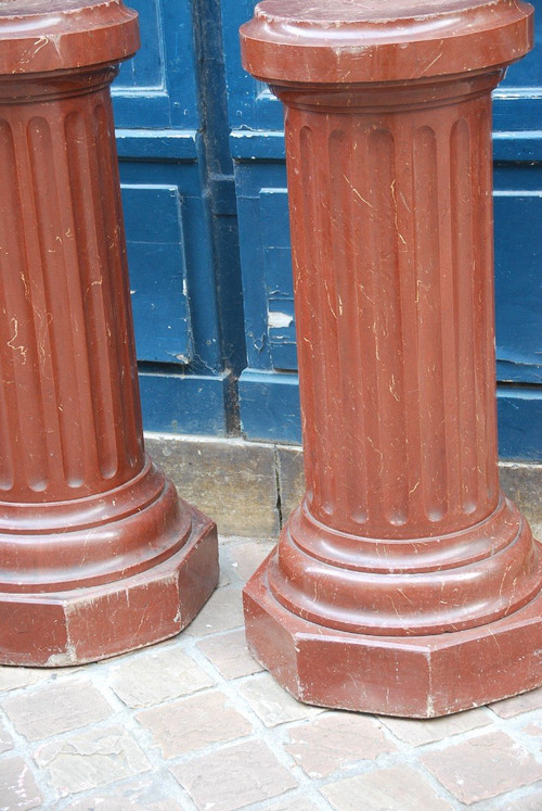 Paire De Colonnes Cannelées Façon Marbre Rouge Royal XIXe siècle