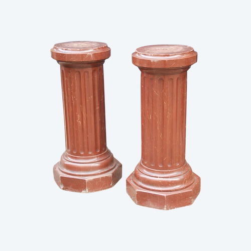 Paire De Colonnes Cannelées Façon Marbre Rouge Royal XIXe siècle