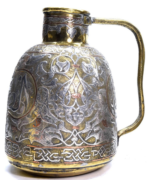 Coppia Di Brocche In Rame E Argento Dinanderie Opera Orientale, 1880/1900