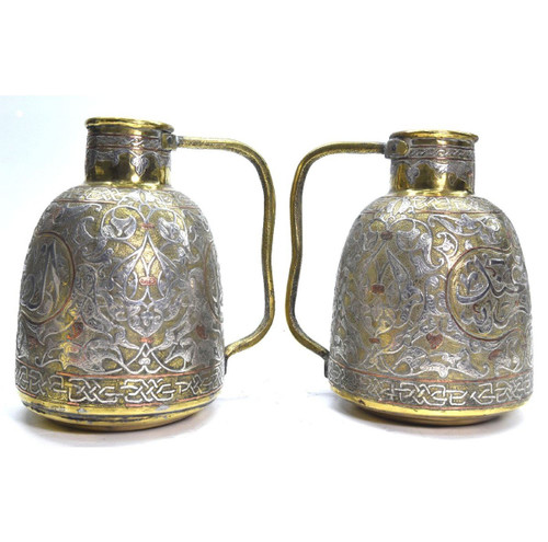 Coppia Di Brocche In Rame E Argento Dinanderie Opera Orientale, 1880/1900