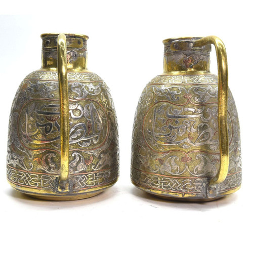 Coppia Di Brocche In Rame E Argento Dinanderie Opera Orientale, 1880/1900