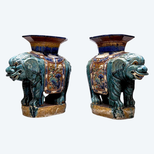 Coppia Di Cani Fô In Ceramica Smaltata 1880/1900