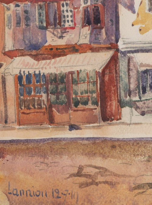 André Alfred DEBERGUE, Animierte Straße in Lannion in den Côtes d'Armor
