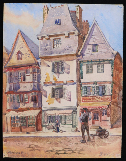 André Alfred DEBERGUE, Animierte Straße in Lannion in den Côtes d'Armor