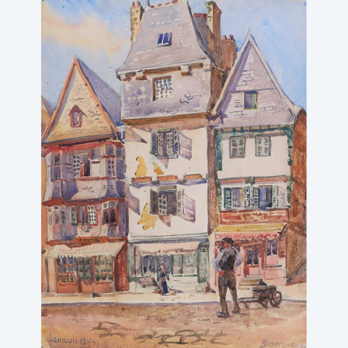 André Alfred DEBERGUE, Animierte Straße in Lannion in den Côtes d'Armor