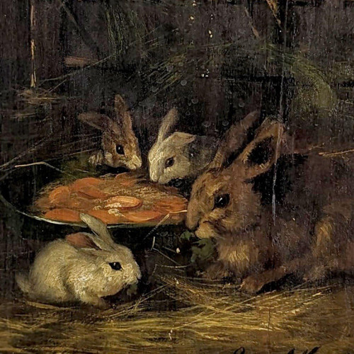 Huile Sur Toile Aux Petits Lapins d'époque XIXème  Par Brunel De  Neuville