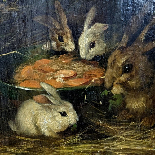 Huile Sur Toile Aux Petits Lapins d'époque XIXème  Par Brunel De  Neuville
