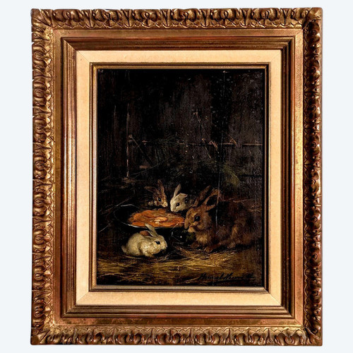 Huile Sur Toile Aux Petits Lapins d'époque XIXème  Par Brunel De  Neuville