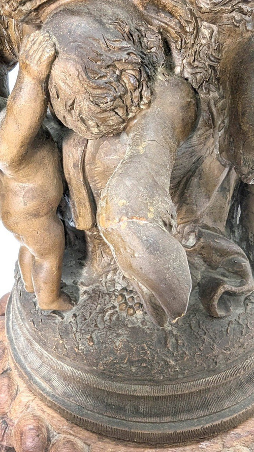 "groupe En Terre Cuite De Clodion  La Jeune Fille Et Le Faune, Sur Socle En Bois Sculpté