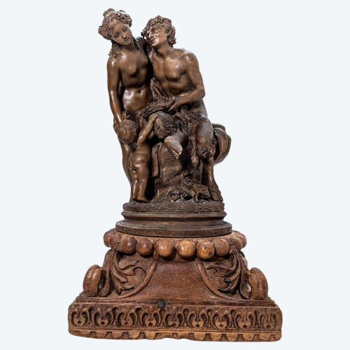 "groupe En Terre Cuite De Clodion  La Jeune Fille Et Le Faune, Sur Socle En Bois Sculpté
