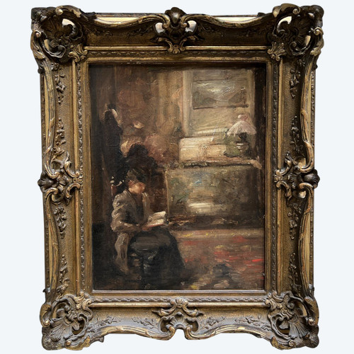 Scuola francese del XIX secolo - Entourage di Edouard Vuillard Interno, donna che legge