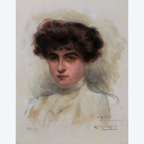 Claire MALICET, Porträt einer brünetten Frau mit blauen Augen