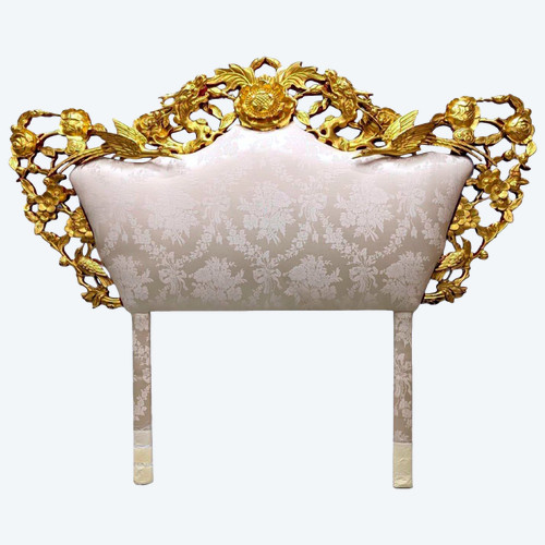 Asian Style Golden Wood Headboard Decorated With Lotus Flower And Cranes