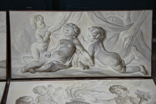 Suite Of 4 Putti Painted Canvases Attributable To Piat Joseph Sauvage Late 18th Century
