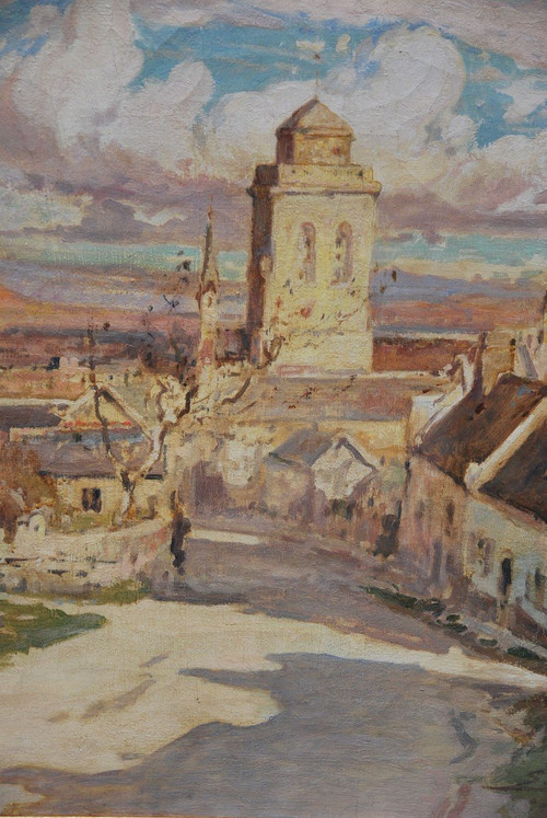 Locronan, Brittany, Large Oil On Canvas Signed De Villon