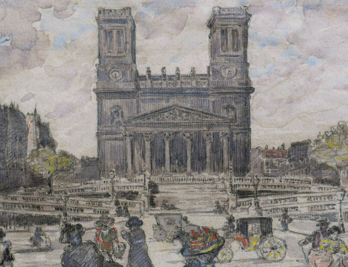 Gustave FRANTZEN, scena vivace in rue la Fayette con la chiesa di Saint-Vincent-de-Paul