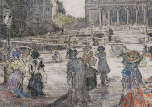 Gustave FRANTZEN, scena vivace in rue la Fayette con la chiesa di Saint-Vincent-de-Paul