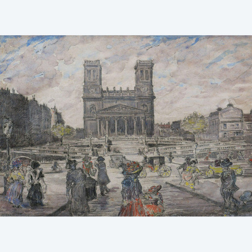Gustave FRANTZEN, scena vivace in rue la Fayette con la chiesa di Saint-Vincent-de-Paul