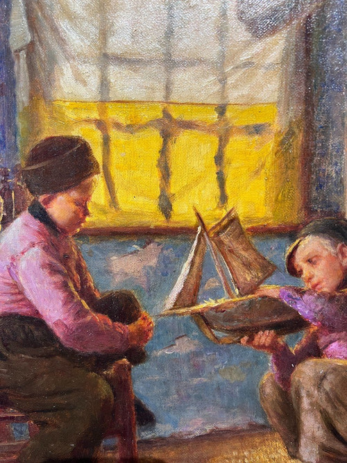 Max Kahn (1857-1939) - Enfants Hollandais Fabricant Leur Bateau Jouet, 1891