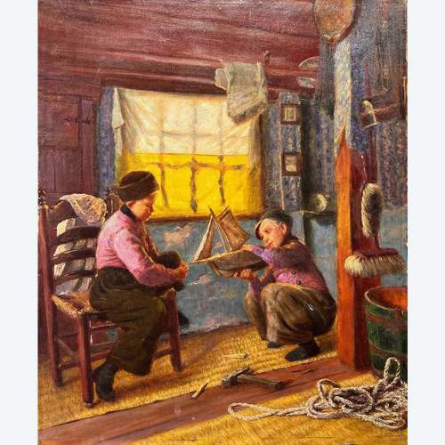 Max Kahn (1857-1939) - Enfants Hollandais Fabricant Leur Bateau Jouet, 1891