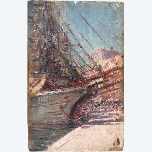 Ecole Française Impressionniste - Bateau Et Port Animé, Circa 1890