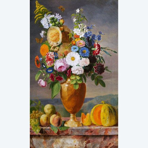 École FRANÇAISE circa 1840, Nature morte au vase de fleurs, fruits et insectes (grand format)